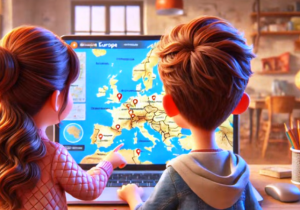 Dwoje dzieci siedzi przed laptopem